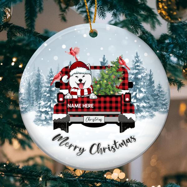 Merry Christmas Red Plaid Truck Blue Circle Ceramic Ornament - Personalized Dog Lovers Decorative Christmas Ornament