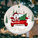 Personalised Merry Woofmas Red Truck Circle Ceramic Ornament - Personalized Dog Lovers Decorative Christmas Ornament