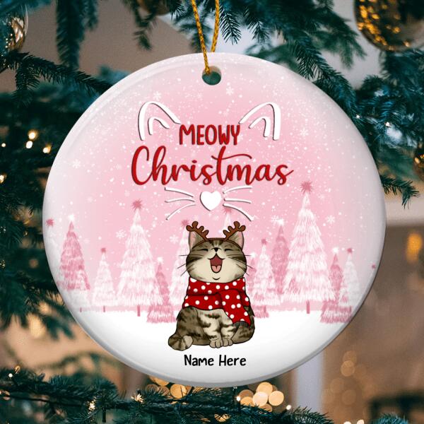 Meowy Christmas Pink Snow Circle Ceramic Ornament - Personalized Cat Lovers Decorative Christmas Ornament