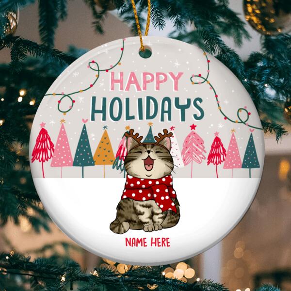 Happy Holidays Gray Sky With Snow Circle Ceramic Ornament - Personalized Cat Lovers Decorative Christmas Ornament
