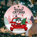 Meowy Catmas Red Truck Pink Sky Circle Ceramic Ornament - Personalized Cat Lovers Decorative Christmas Ornament