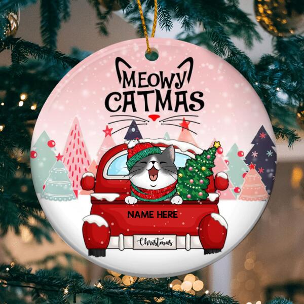 Meowy Catmas Red Truck Pink Sky Circle Ceramic Ornament - Personalized Cat Lovers Decorative Christmas Ornament