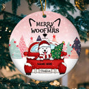 Merry Woofmas Red Truck Pink Sky Circle Ceramic Ornament - Personalized Dog Lovers Decorative Christmas Ornament