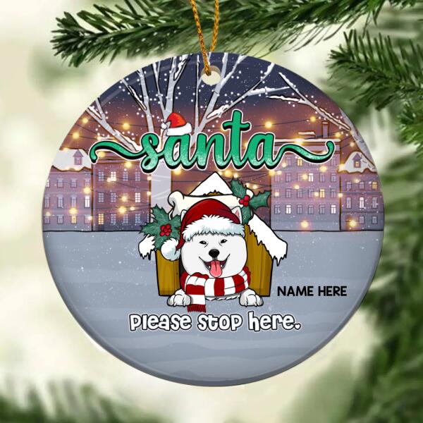 Santa Please Stop Here String Lights Circle Ceramic Ornament - Personalized Dog Lovers Decorative Christmas Ornament