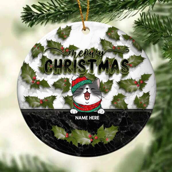 Merry Xmas Black And White Marble Circle Ceramic Ornament - Personalized Cat Lovers Decorative Christmas Ornament