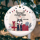 Meowy Catmas Gift Boxes Pastel Pink Circle Ceramic Ornament - Personalized Cat Lovers Decorative Christmas Ornament