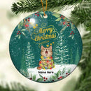 Merry Christmas Pine Green Sky With Snow Circle Ceramic Ornament - Personalized Cat Lovers Decorative Christmas Ornament