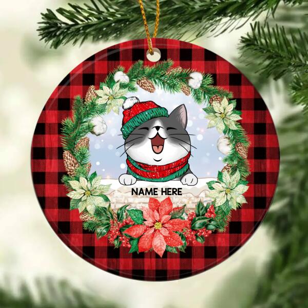 Personalised Red Plaid And Wreath Around Circle Ceramic Ornament - Personalized Cat Lovers Decorative Christmas Ornament