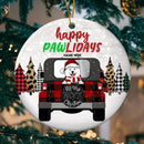 Happy Pawlidays Pine Trees Pattern Circle Ceramic Ornament - Personalized Dog Lovers Decorative Christmas Ornament