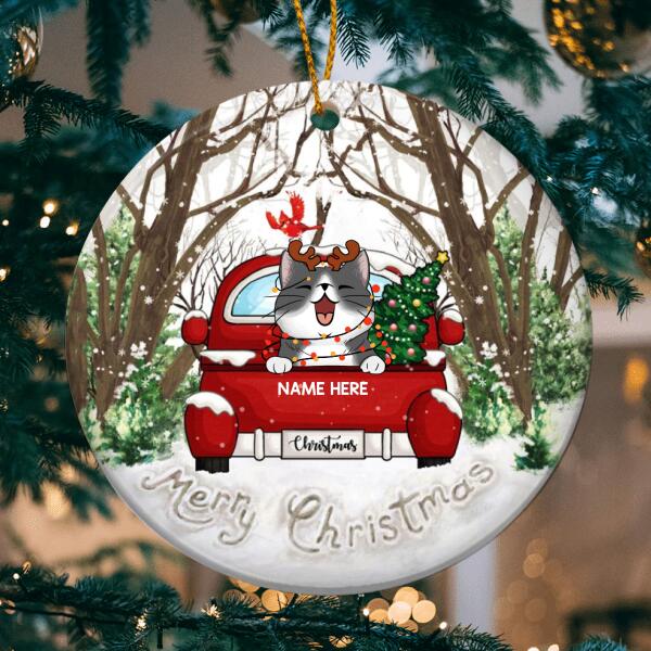 Merry Xmas Red Truck In Snow Forrest Circle Ceramic Ornament - Personalized Cat Lovers Decorative Christmas Ornament