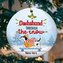 Dachshund Through The Snow Bluetone Circle Ceramic Ornament - Personalized Dog Lovers Decorative Christmas Ornament