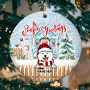 Season's Greeting Blue Bricks House Circle Ceramic Ornament - Personalized Dog Lovers Decorative Christmas Ornament