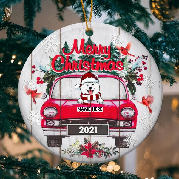 Merry Xmas Red Truck White Wooden Circle Ceramic Ornament - Personalized Dog Lovers Decorative Christmas Ornament
