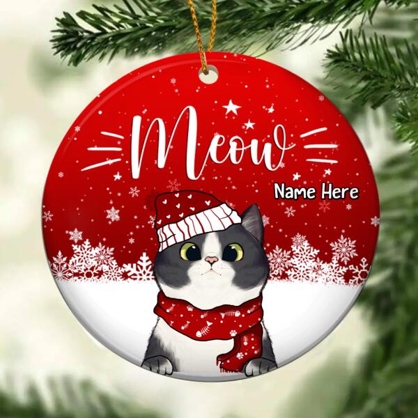 Personalised Meow Xmas Winter Cats Red Circle Ceramic Ornament - Personalized Cat Lovers Decorative Christmas Ornament