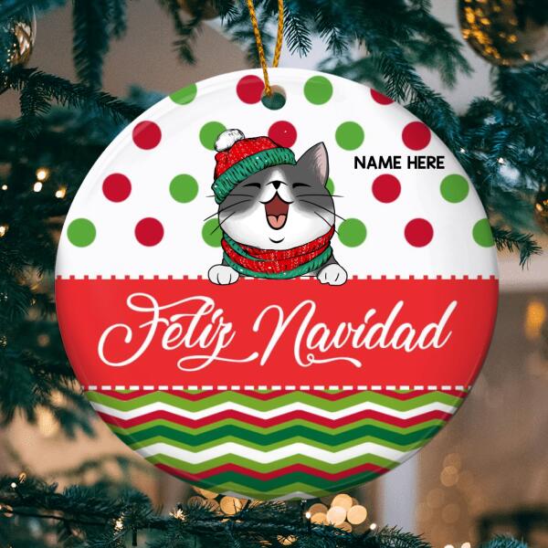 Personalised Feliz Navidad Red & Green Circle Ceramic Ornament - Personalized Cat Lovers Decorative Christmas Ornament