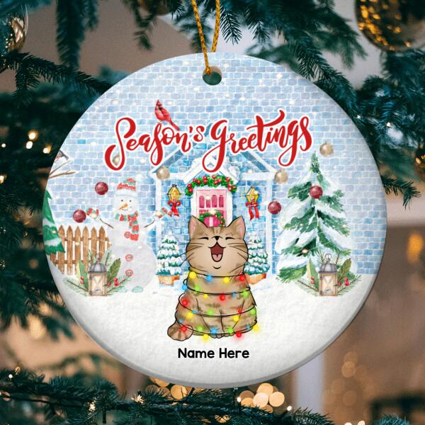 Season's Greeting Blue Bricks House Circle Ceramic Ornament - Personalized Cat Lovers Decorative Christmas Ornament
