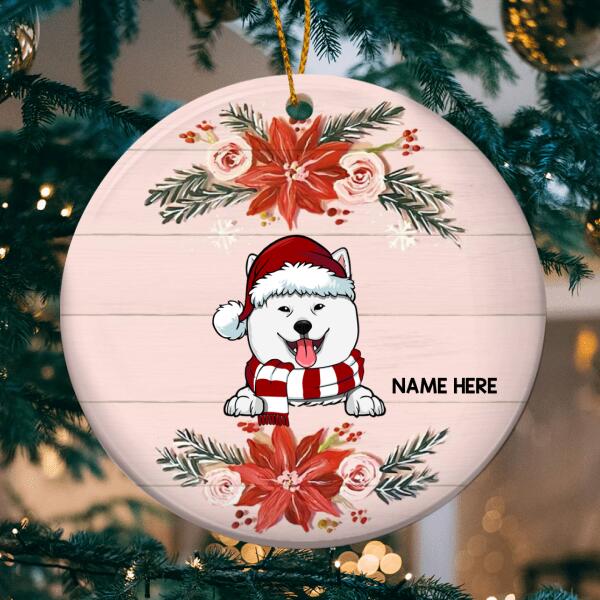 Personalised Xmas Dogs On Pink Wooden Circle Ceramic Ornament - Personalized Dog Lovers Decorative Christmas Ornament