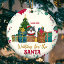 Waiting For The Santa Cats On Gift Boxes Circle Ceramic Ornament - Personalized Cat Lovers Decorative Christmas Ornament