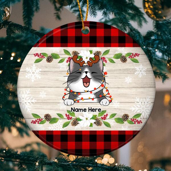 Xmas Cat On Wooden And Red Plaid Circle Ceramic Ornament - Personalized Cat Lovers Decorative Christmas Ornament