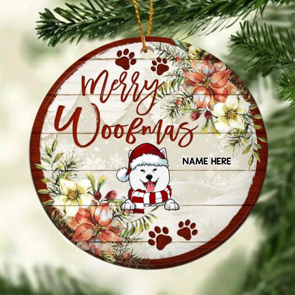 Personalised Merry Woofmas Bright Wooden Circle Ceramic Ornament - Personalized Dog Lovers Decorative Christmas Ornament