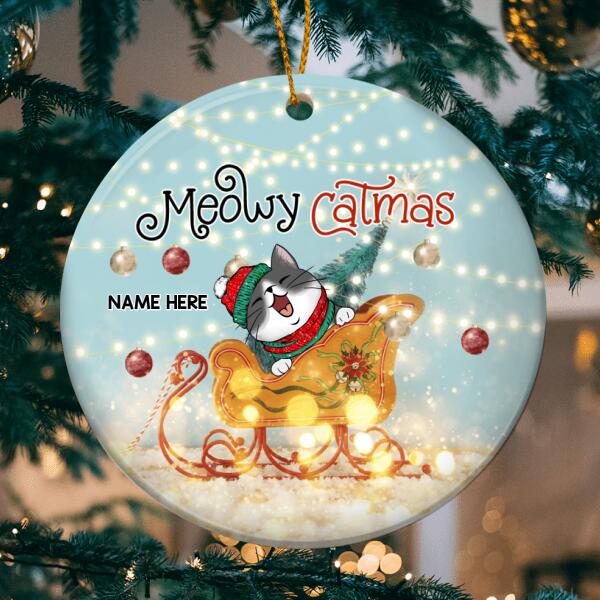 Meowy Catmas Stanta's Sleigh Lights Circle Ceramic Ornament - Personalized Cat Lovers Decorative Christmas Ornament