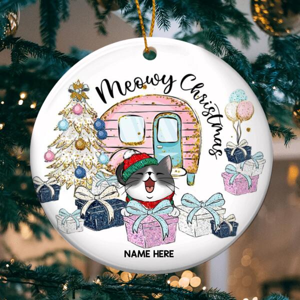 Personalised Meowy Christmas Gift White Circle Ceramic Ornament - Personalized Cat Lovers Decorative Christmas Ornament