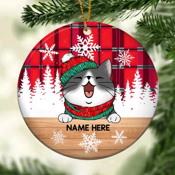 Personalised Peeking Cat Red Plaid Xmas Circle Ceramic Ornament - Personalized Cat Lovers Decorative Christmas Ornament