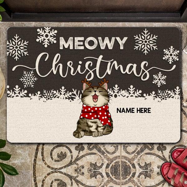 Christmas Custom Doormat, Gifts For Cat Lovers, Meowy Christmas Brown Wooden White Snowflake Holiday Doormat