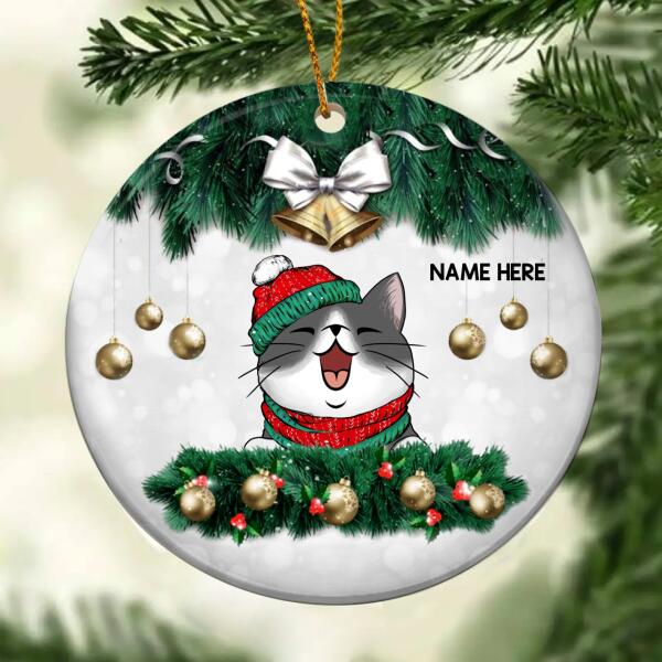 Personalised Xmas Pine Branch Decor Circle Ceramic Ornament - Personalized Cat Lovers Decorative Christmas Ornament