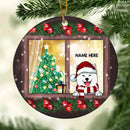 Dog Peeking From Xmas Window Circle Ceramic Ornament - Personalized Dog Lovers Decorative Christmas Ornament