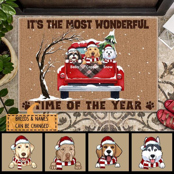 Christmas Custom Doormat, Gifts For Dog Lovers, It's The Most Wonderful Time Of The Year Red Truck Snow Holiday Doormat