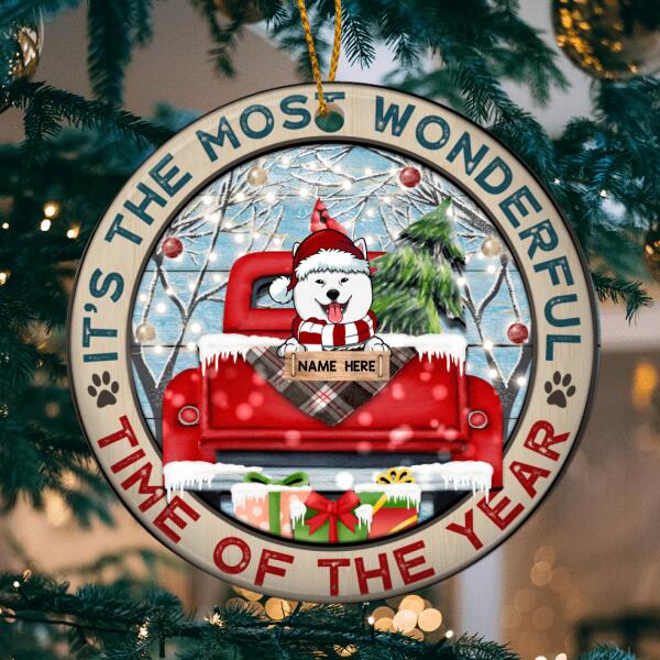 It's Most Wonderful Time Of The Year Red Truck Circle Ceramic Ornament - Personalized Dog Decorative Christmas Ornament