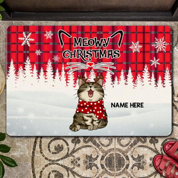Christmas Custom Doormat, Gifts For Cat Lovers, Meowy Christmas Red Plaid White Snowflake Holiday Doormat