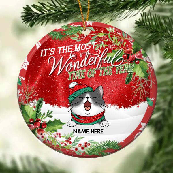 Personalised Most Wonderful Time Custom Color V2 Circle Ceramic Ornament - Personalized Cat Lovers Christmas Ornament