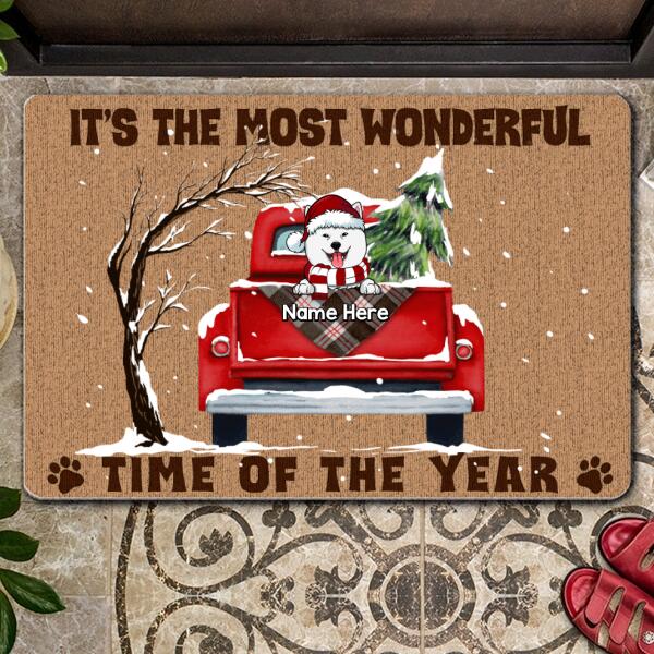 Christmas Custom Doormat, Gifts For Dog Lovers, It's The Most Wonderful Time Of The Year Red Truck Snow Holiday Doormat