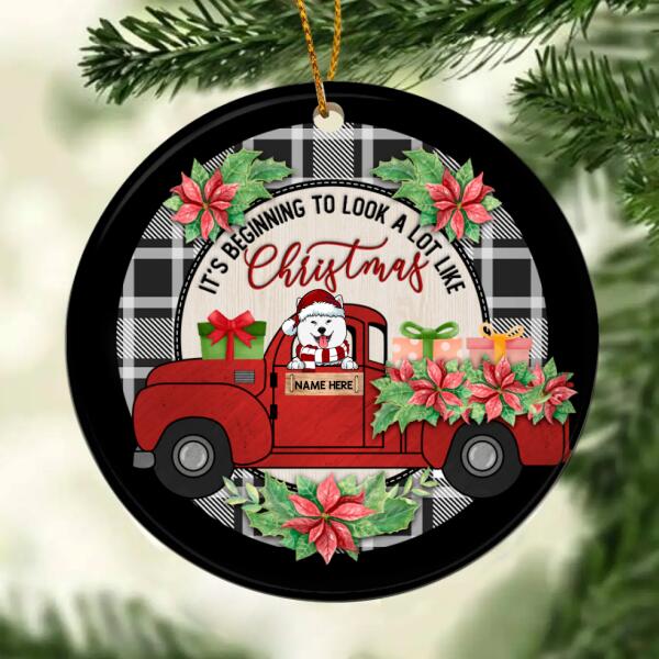 Beginning To Look A Lot Like Xmas Red Truck Circle Ceramic Ornament - Personalized Dog Decorative Christmas Ornament