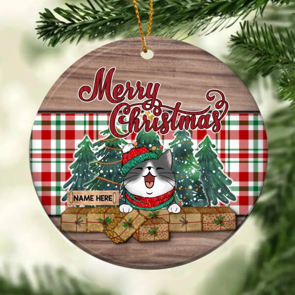 Merry Christmas Red Green Plaid & Wooden Circle Ceramic Ornament - Personalized Cat Lovers Decorative Christmas Ornament