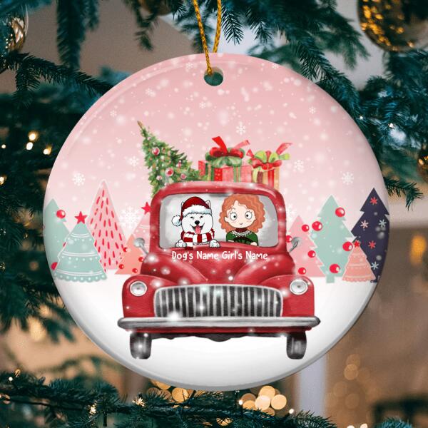 Personalised Girl & Dog On Red Truck Circle Ceramic Ornament - Personalized Dog Lovers Decorative Christmas Ornament