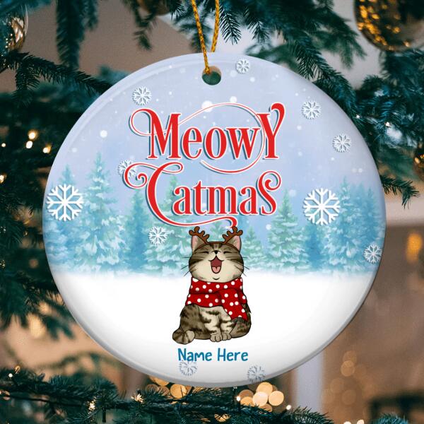 Personalised Meowy Catmas Bluetone Ver 2 Circle Ceramic Ornament - Personalized Cat Lovers Decorative Christmas Ornament