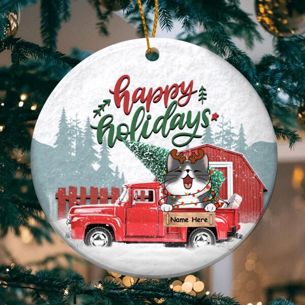 Happy Holiday - Red Truck Snow - Personalized Cat Christmas Ornament