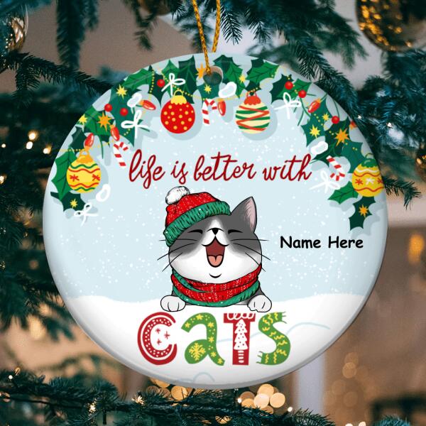 Life Is Better With Cats - Blue Background - Personalized Cat Christmas Ornament