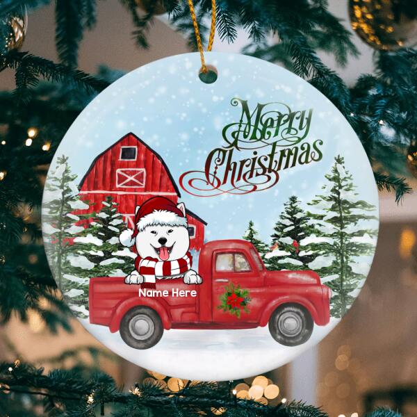 Merry Christmas - Dogs On Red Truck - Personalized Dog Christmas Ornament