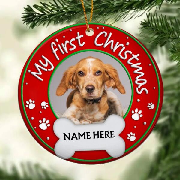 Personalised Merry First Christmas Circle Ceramic Ornament - Personalized Cat & Dog Lovers Decorative Christmas Ornament