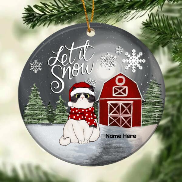Personalised Let It Snow Red Barn Circle Ceramic Ornament - Personalized Cat Lovers Decorative Christmas Ornament