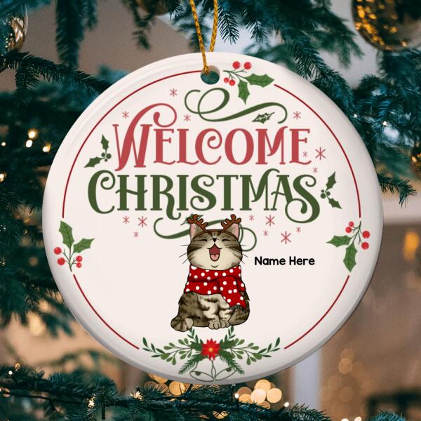 Personalised Welcome Xmas Light Pink Circle Ceramic Ornament - Personalized Cat Lovers Decorative Christmas Ornament