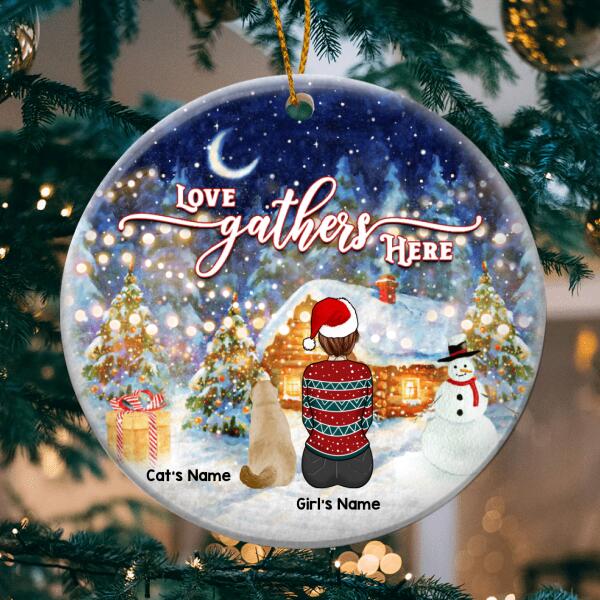 Love Gathers Here Sparke Light Night Circle Ceramic Ornament - Personalized Cat Lovers Decorative Christmas Ornament