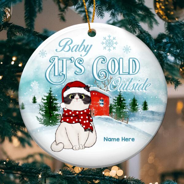 Baby It's Cold Outside Pastel Blue Circle Ceramic Ornament - Personalized Cat Lovers Decorative Christmas Ornament
