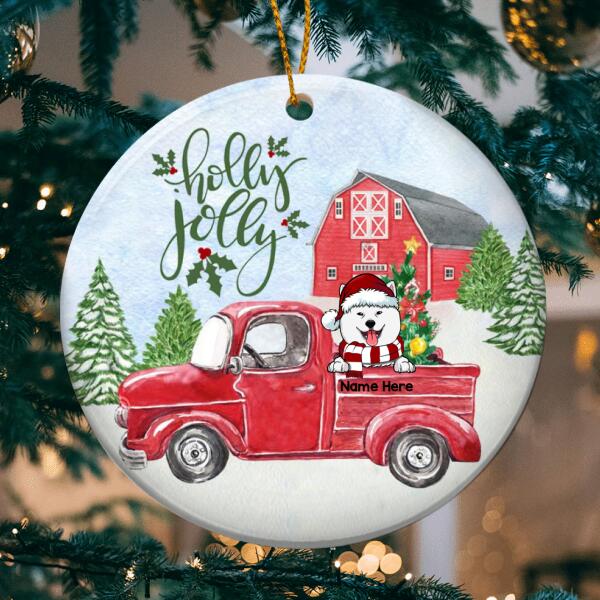 Personalised Holly Jolly Red Truck Circle Ceramic Ornament - Personalized Dog Lovers Decorative Christmas Ornament