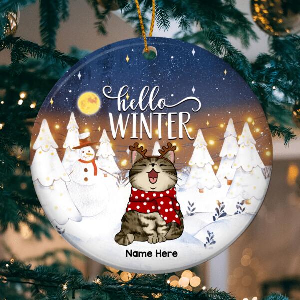 Personalised Hello Winter Full Moon Circle Ceramic Ornament - Personalized Cat Lovers Decorative Christmas Ornament