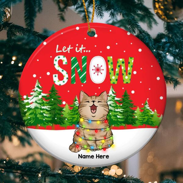 Personalised Let It Snow Red Background Circle Ceramic Ornament - Personalized Cat Lovers Decorative Christmas Ornament